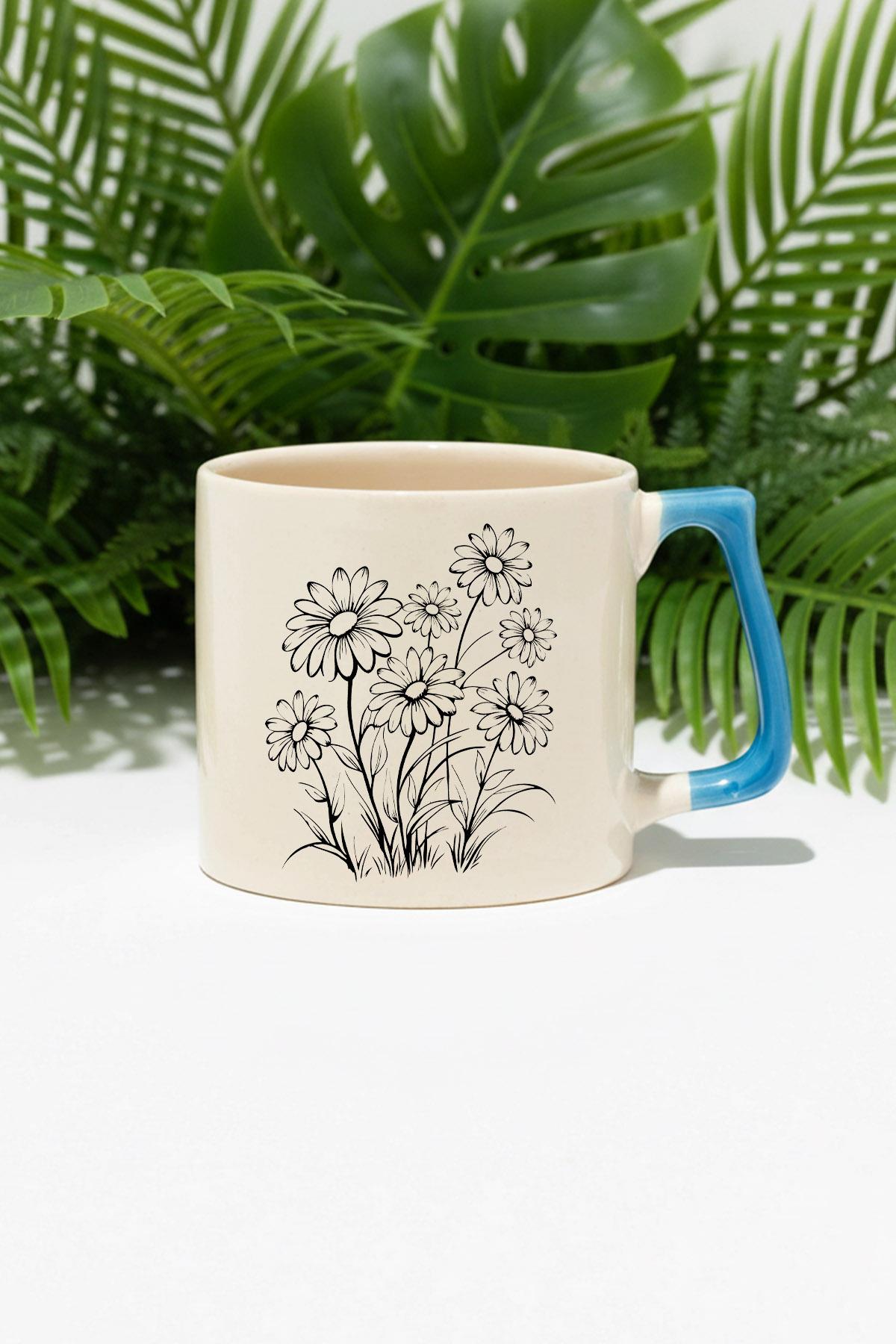 Siyah Çiçekler Baskılı Mavi D Kulplu Kupa Bardak