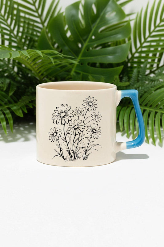 Siyah Çiçekler Baskılı Mavi D Kulplu Kupa Bardak