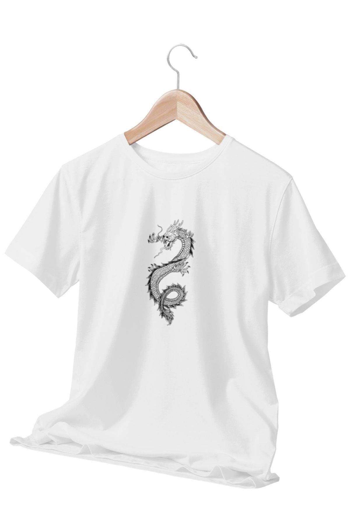 Siyah Çizim Ejderha Baskılı Beyaz Unisex T-Shirt