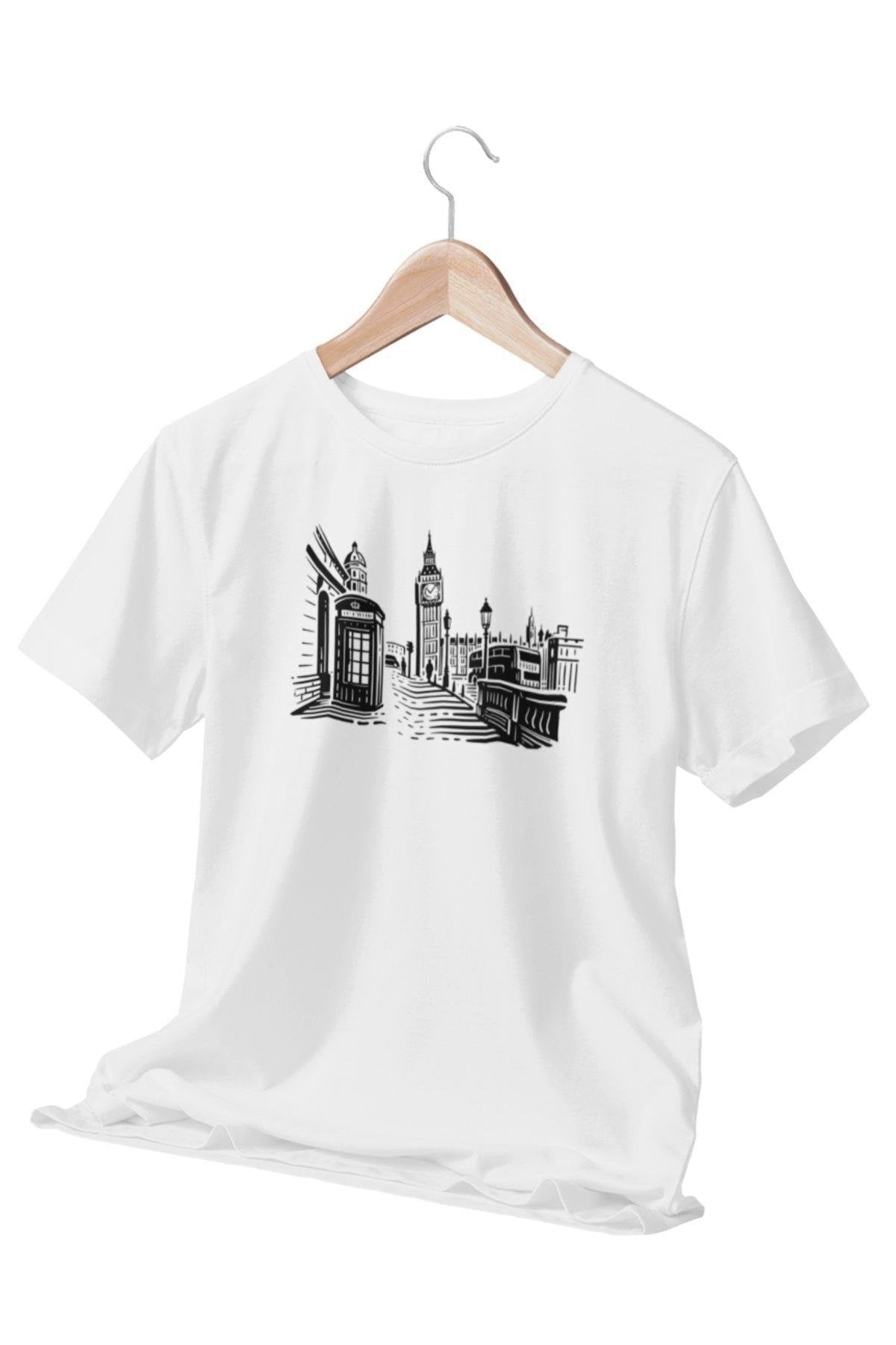 Siyah London City Baskılı Beyaz Unisex T-shirt