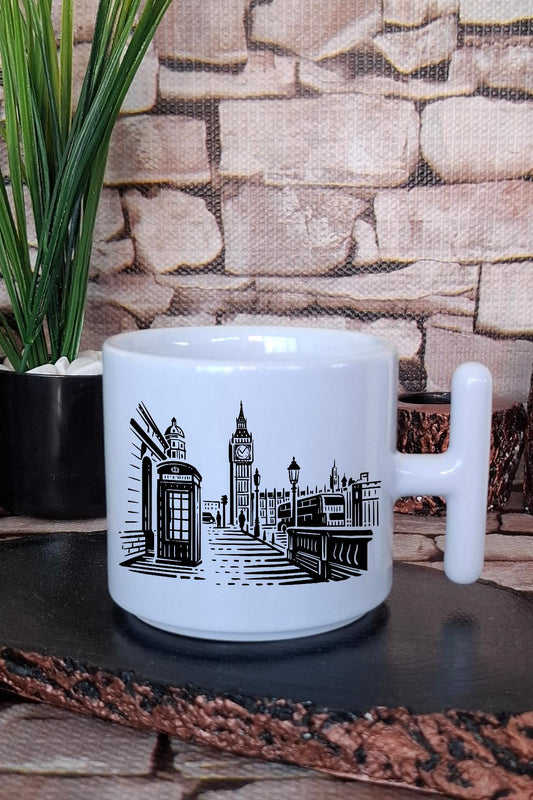 Siyah London City Baskılı T Kulplu Latte Fincanı Kupa Bardak