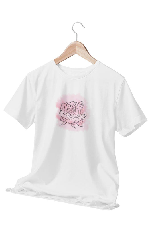 Soft Pembe Gül Temalı Beyaz Kadın T-Shirt