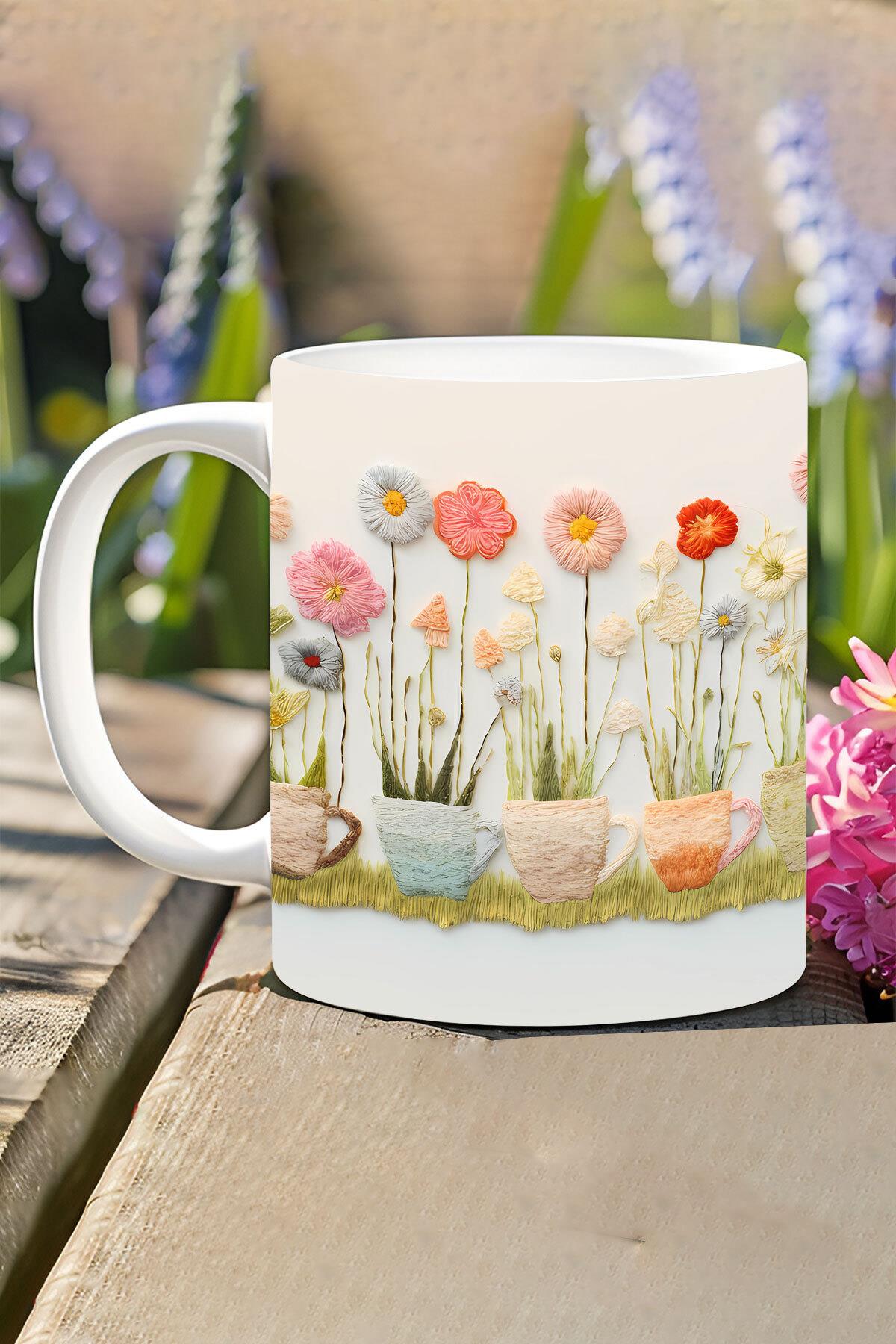 Soft Renk Çiçekler No:1 3D Tasarım Görünümlü Baskılı Kupa Bardak Mug