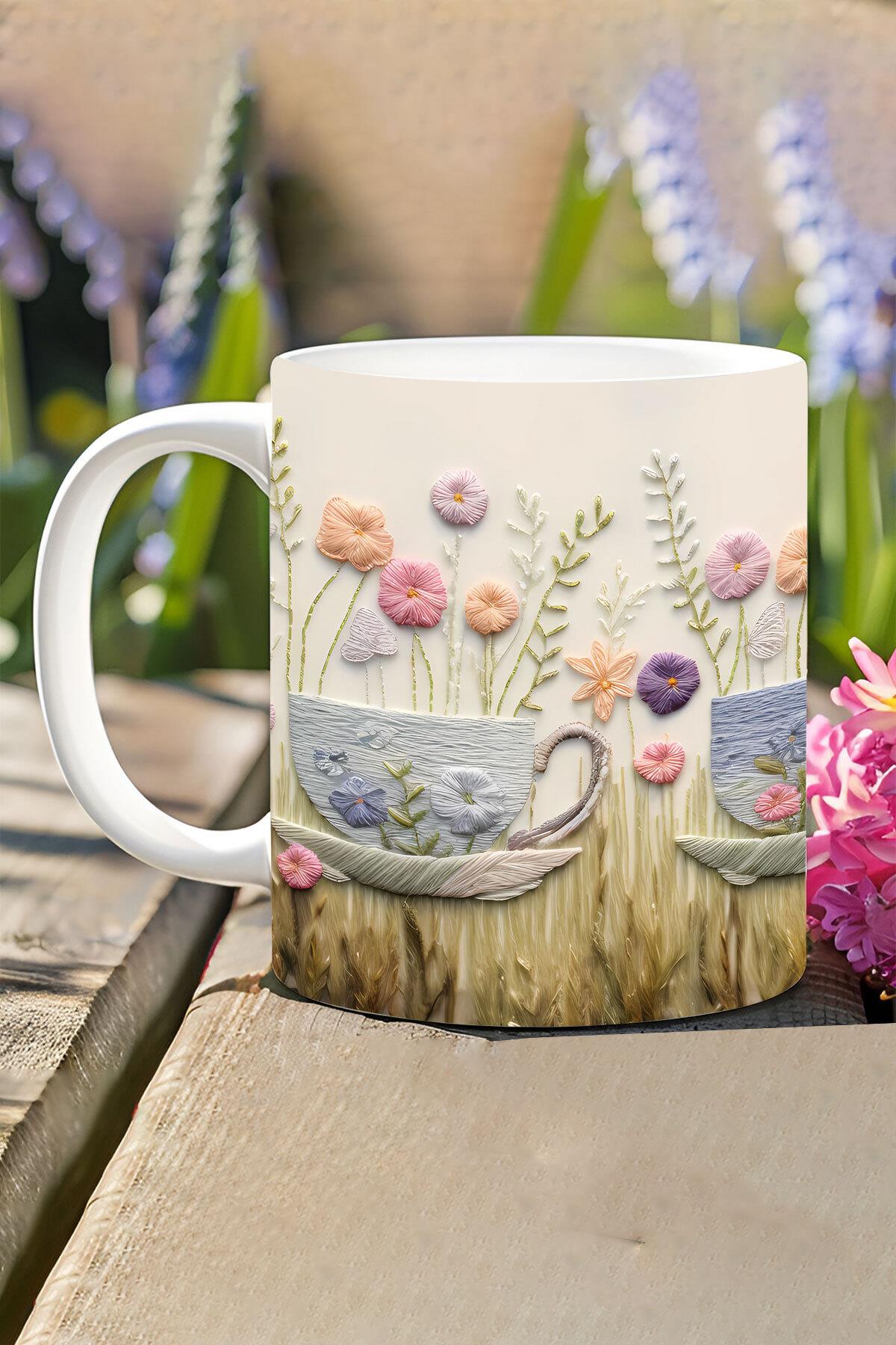 Soft Renk Çiçekler No:1 3D Tasarım Görünümlü Baskılı Kupa Bardak Mug
