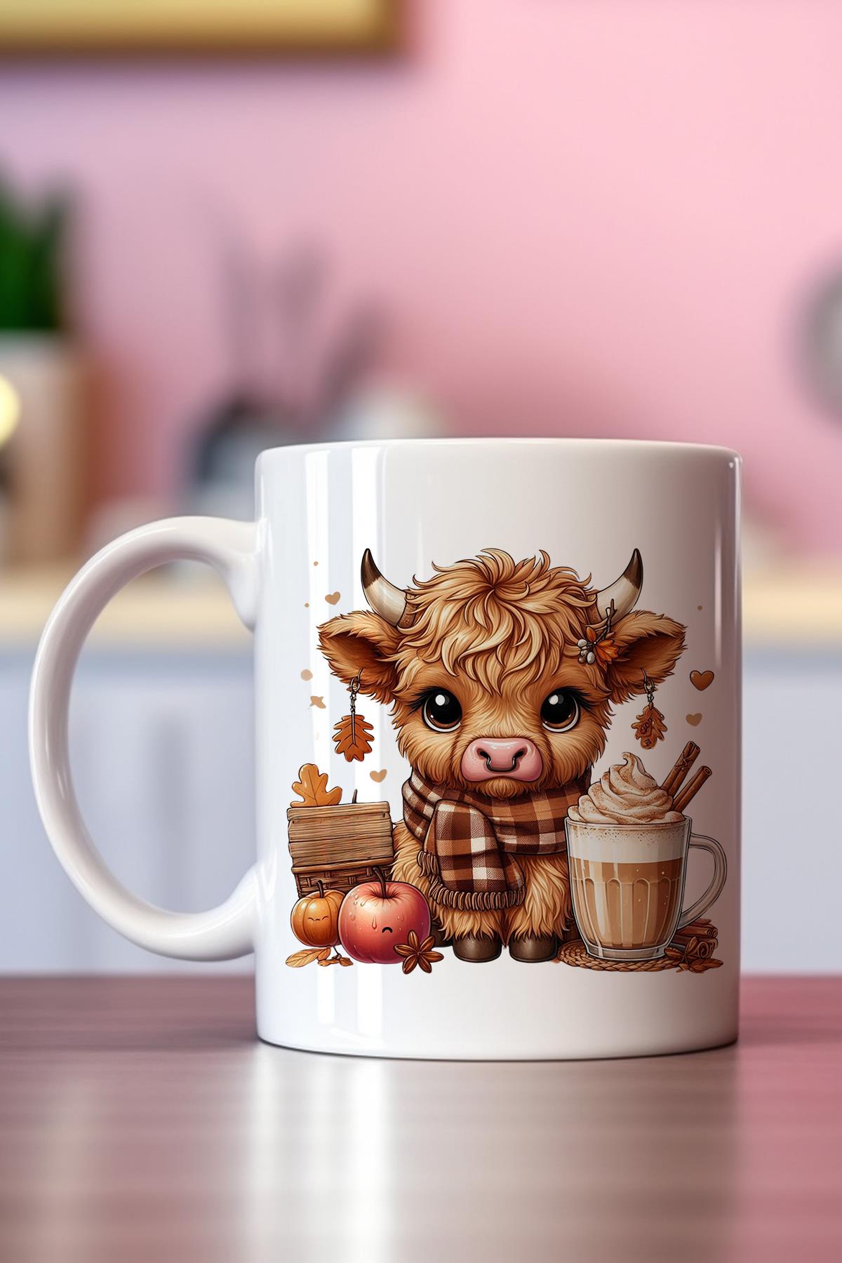 Sonabahar Teması Sevimli İnek Baskılı Hediyelik Kupa Bardak