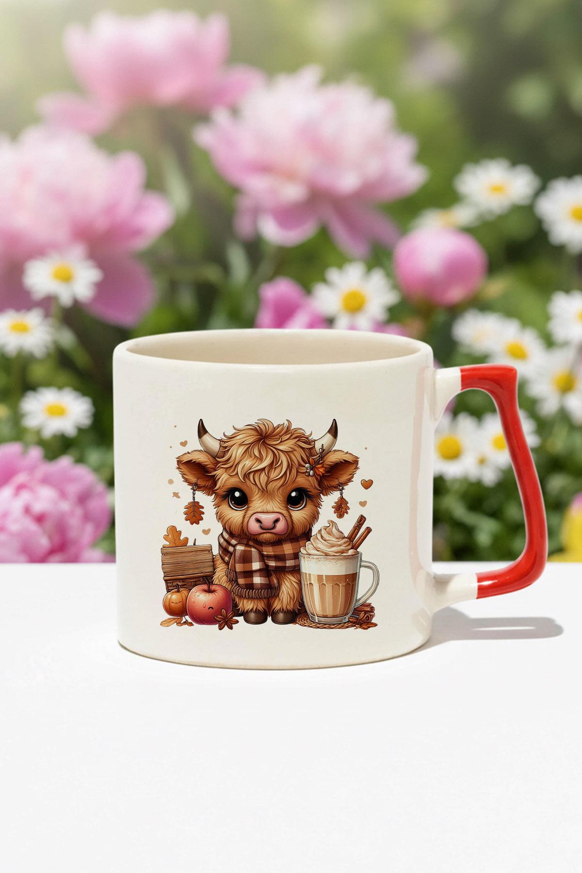 Sonabahar Teması Sevimli İnek Baskılı Kırmızı D Kulplu Kupa Bardak