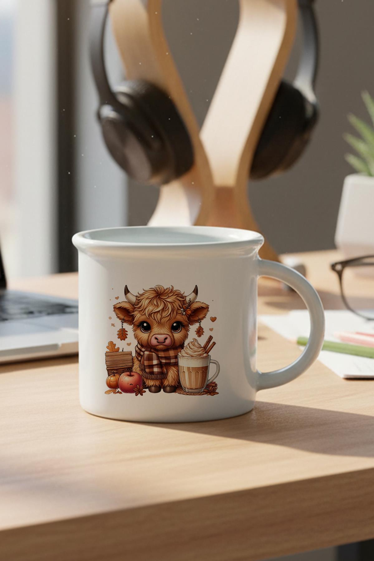 Sonabahar Teması Sevimli İnek Baskılı Enamel Görünümlü Seramik Vintage Kupa Bardak