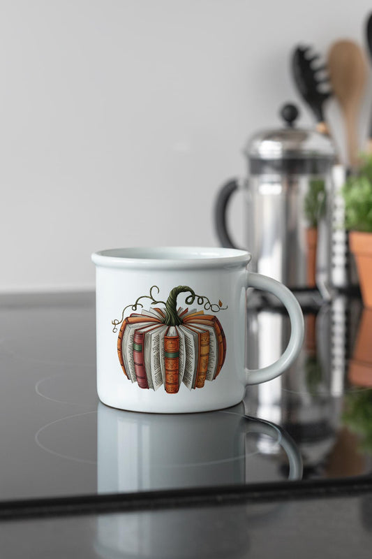 Sonbahar Temalı Balkabağı Kitaplar Baskılı Enamel Görünümlü Seramik Vintage Kupa Bardak