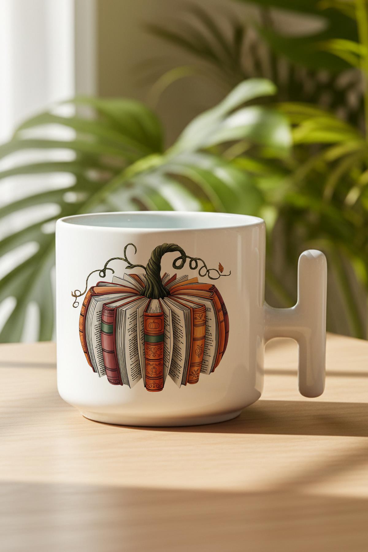 Sonbahar Temalı Balkabağı Kitaplar Baskılı Hediyelik T Kulplu Latte Fincanı Kupa Bardak