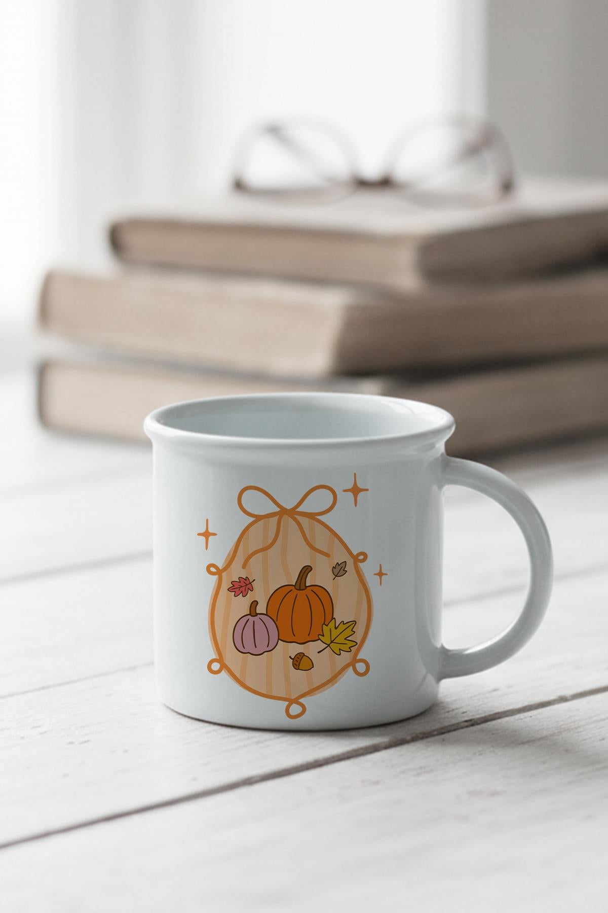 Sonbahar Temalı Balkabakları Baskılı Enamel Görünümlü Seramik Vintage Kupa Bardak