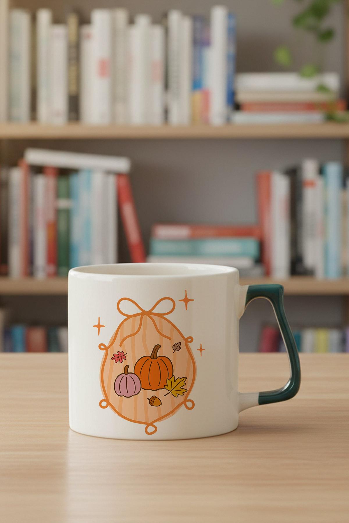 Sonbahar Temalı Balkabakları Baskılı Yeşil D Kulplu Kupa Bardak