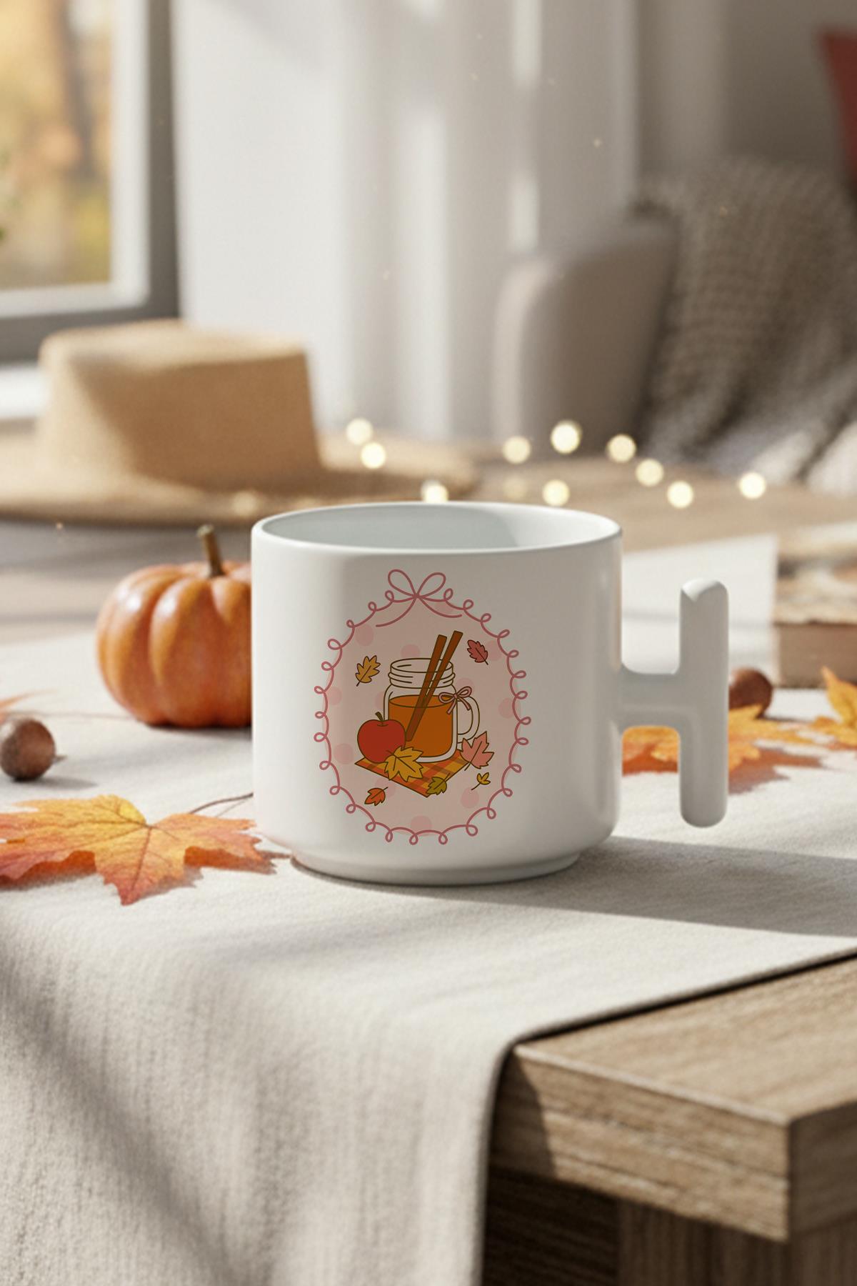 Sonbahar Temalı Elma Baskılı Hediyelik T Kulplu Latte Fincanı Kupa Bardak