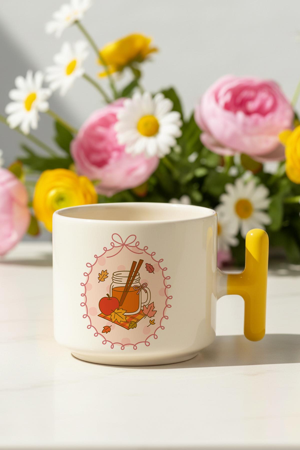 Sonbahar Temalı Elma Baskılı Hediyelik T Kulplu Latte Fincanı Kupa Bardak