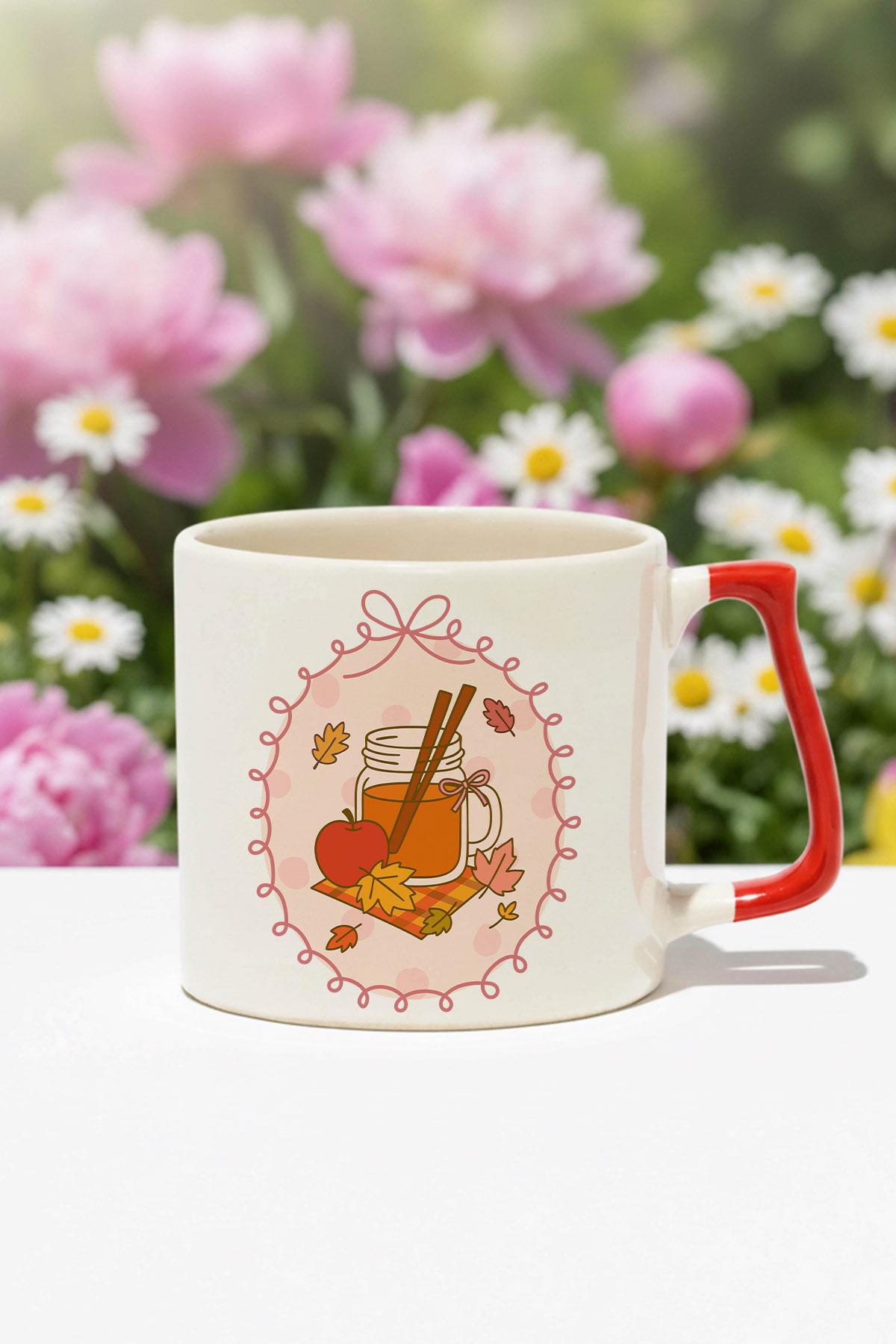 Sonbahar Temalı Elma Baskılı Kırmızı D Kulplu Kupa Bardak