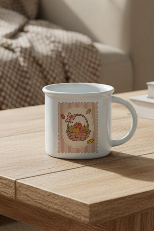 Sonbahar Temalı Elma Sepeti Baskılı Enamel Görünümlü Seramik Vintage Kupa Bardak