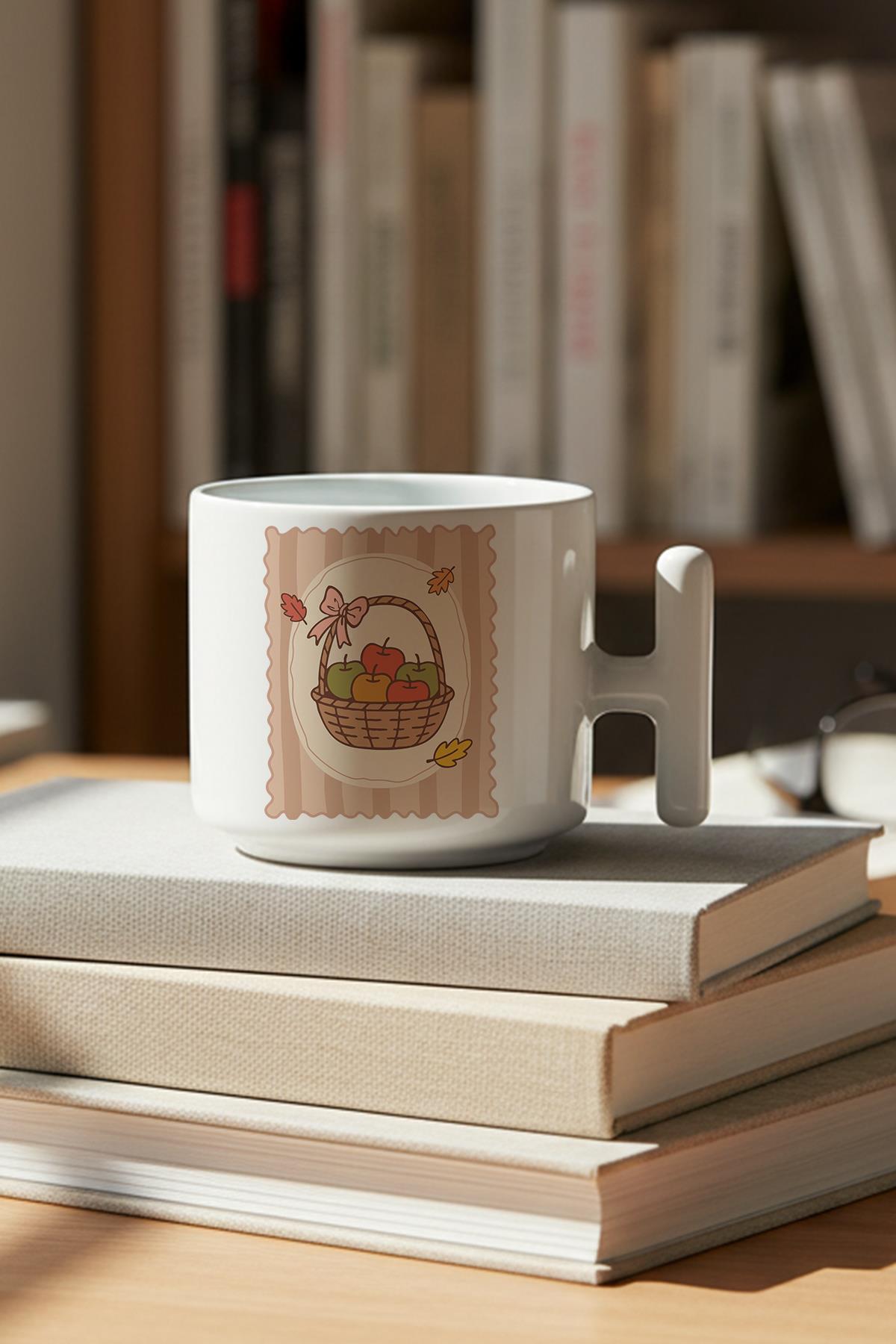 Sonbahar Temalı Elma Sepeti Baskılı Hediyelik T Kulplu Latte Fincanı Kupa Bardak