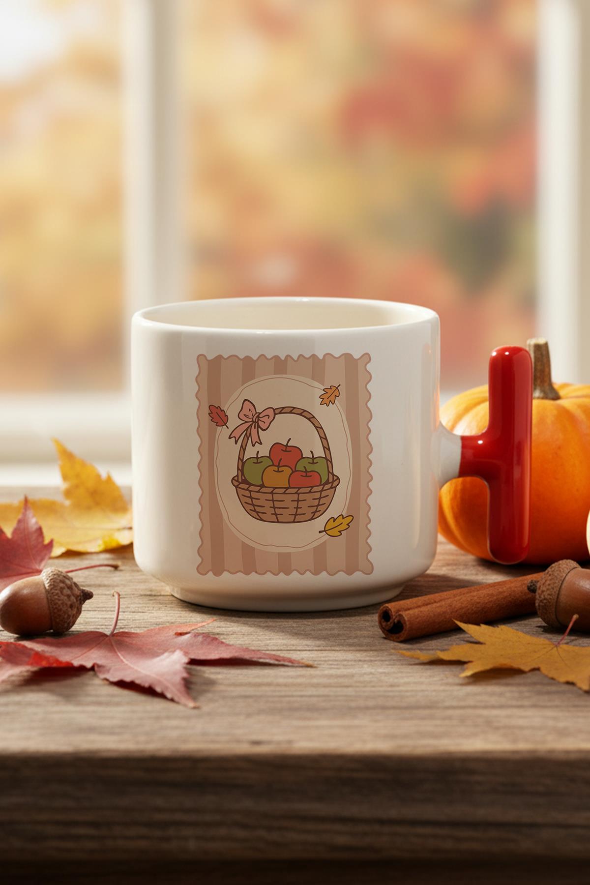 Sonbahar Temalı Elma Sepeti Baskılı Hediyelik T Kulplu Latte Fincanı Kupa Bardak