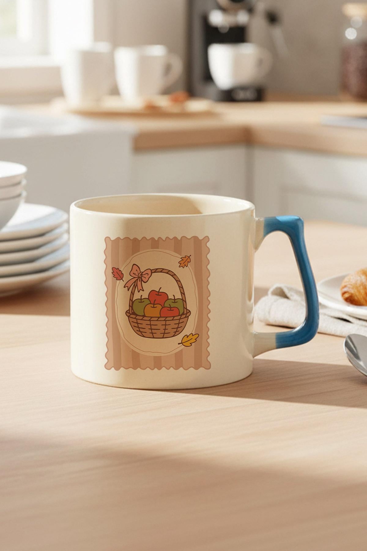 Sonbahar Temalı Elma Sepeti Baskılı Mavi D Kulplu Kupa Bardak