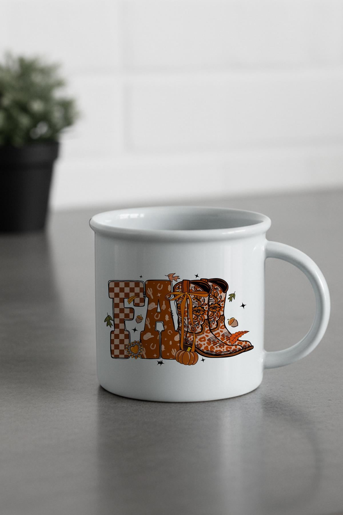 Sonbahar Temalı Fall Baskılı Enamel Görünümlü Seramik Vintage Kupa Bardak