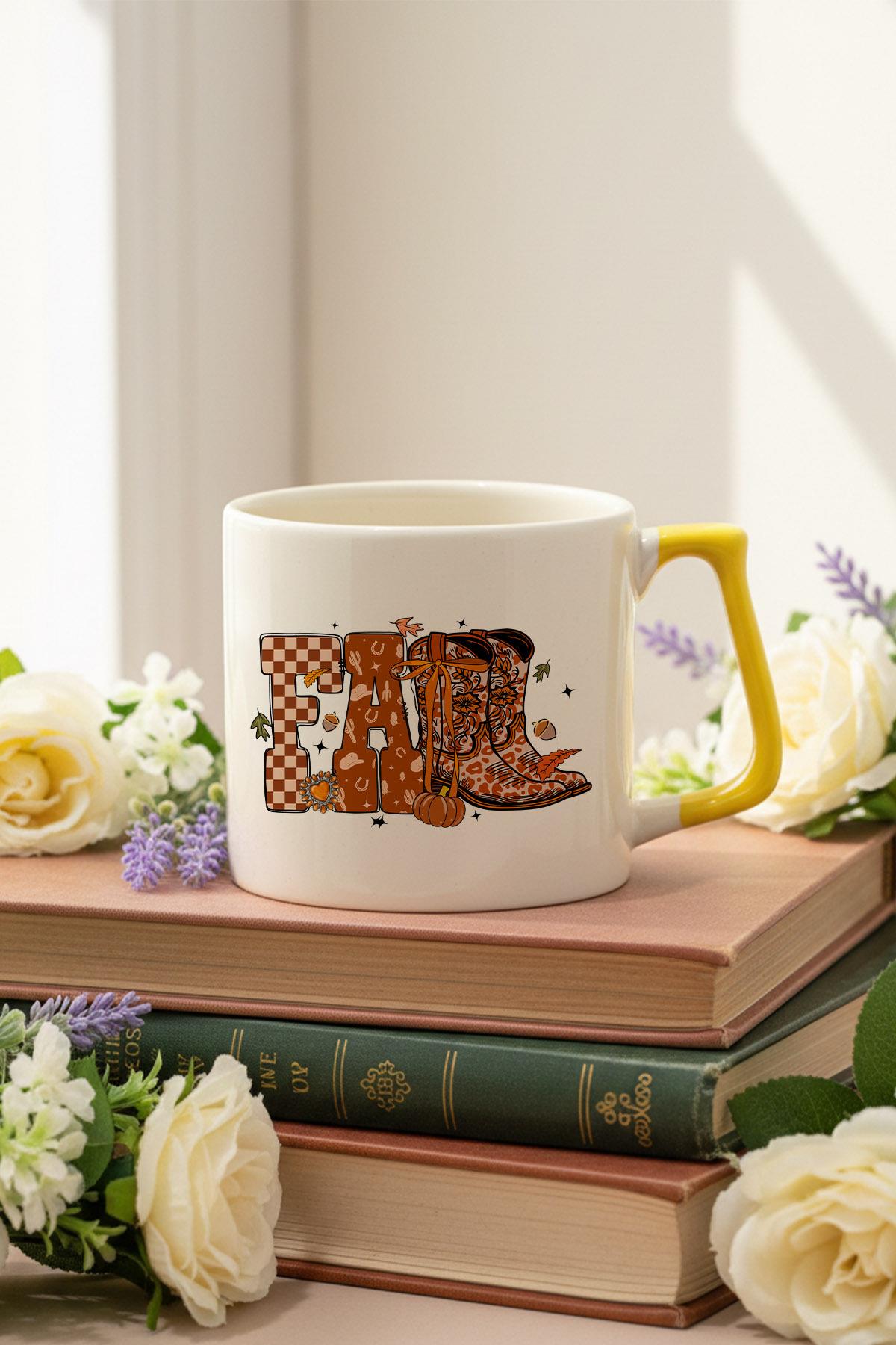 Sonbahar Temalı Fall Baskılı Sarı D Kulplu Kupa Bardak