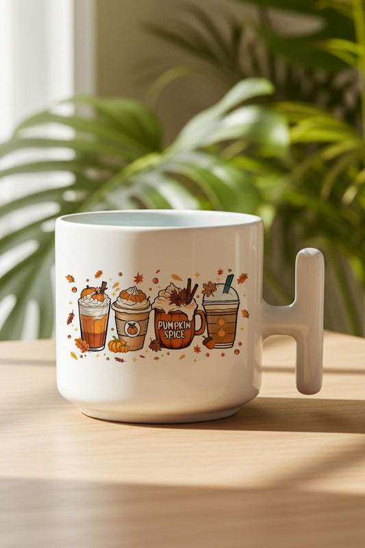 Sonbahar Temalı Kahveler No:1 Baskılı Hediyelik T Kulplu Latte Fincanı Kupa Bardak