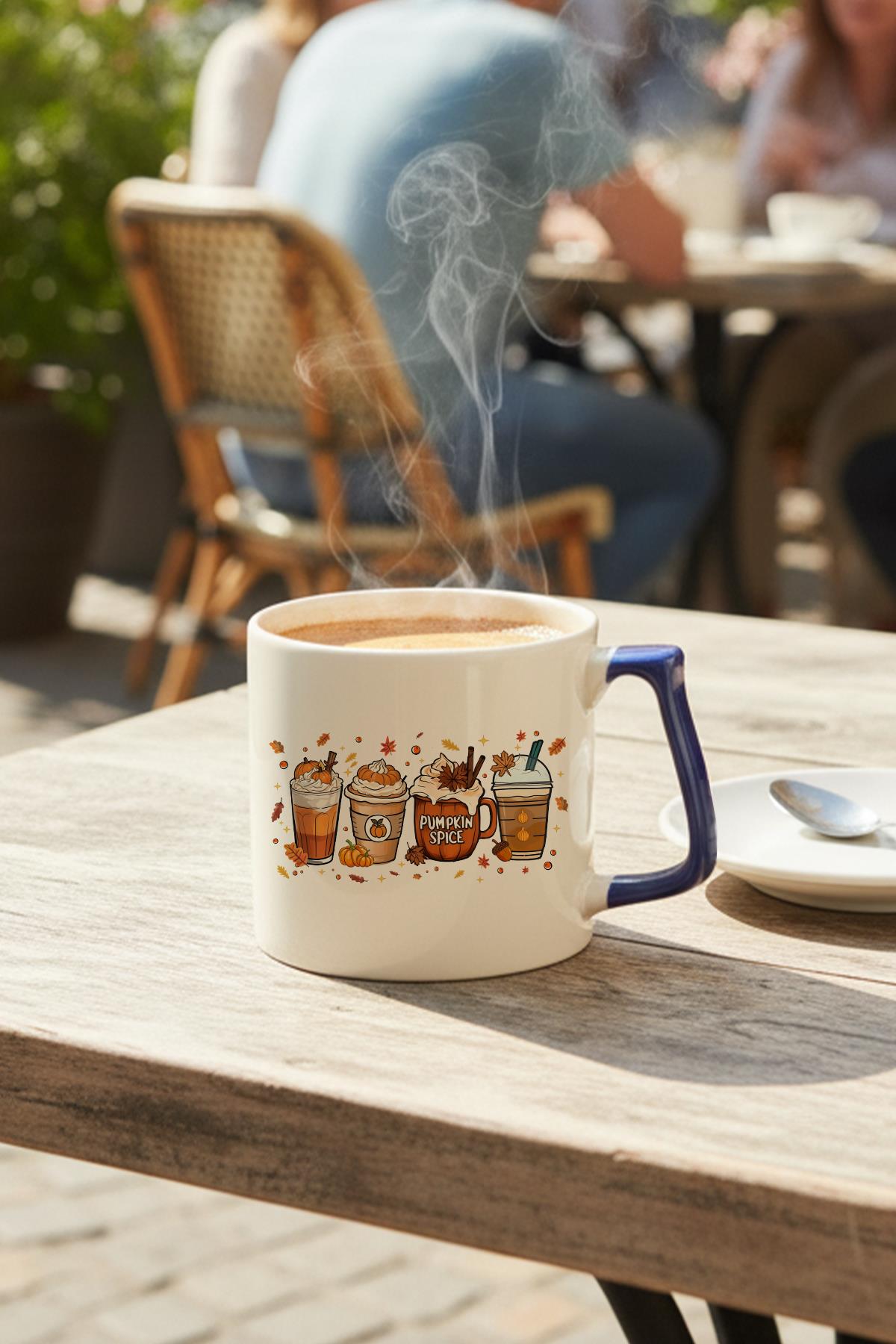 Sonbahar Temalı Kahveler No:1 Baskılı Lacivert D Kulplu Kupa Bardak