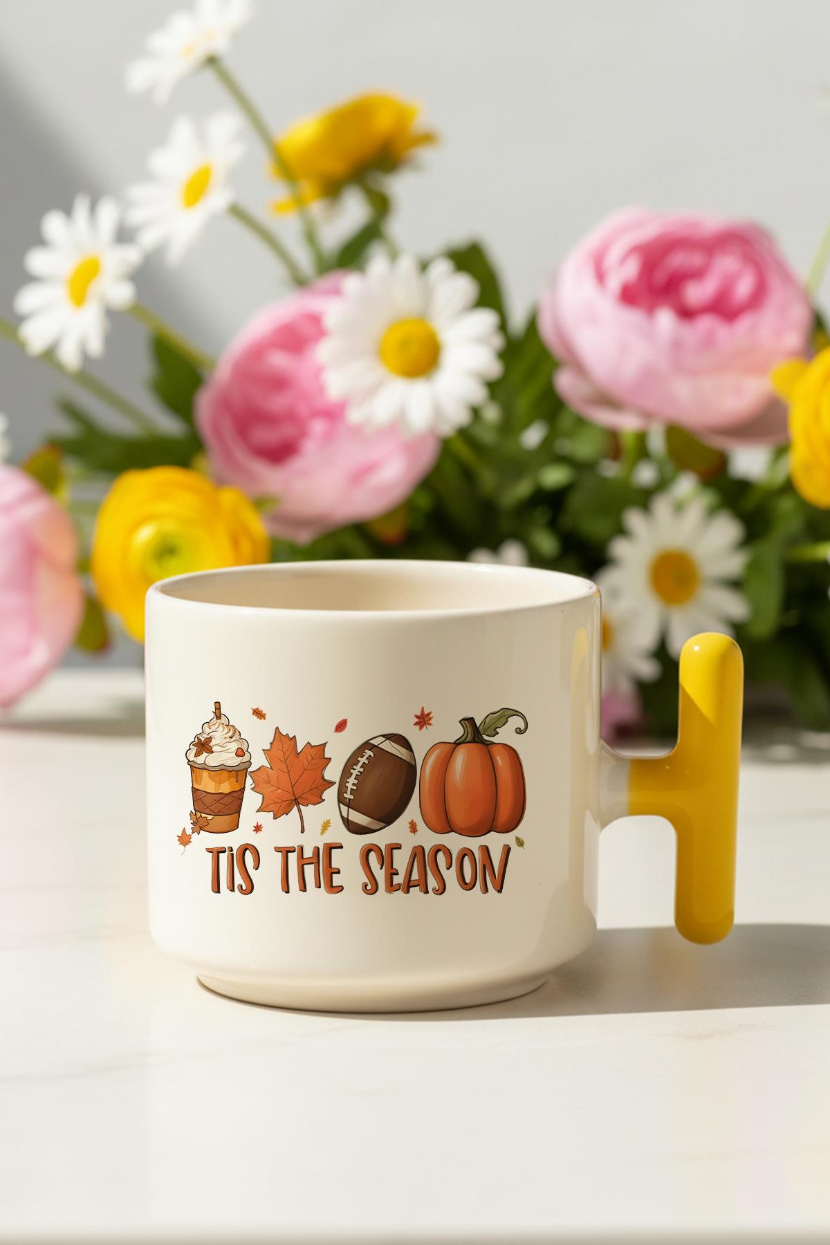 Sonbahar Temalı Kahveler No:2 Baskılı Hediyelik T Kulplu Latte Fincanı Kupa Bardak