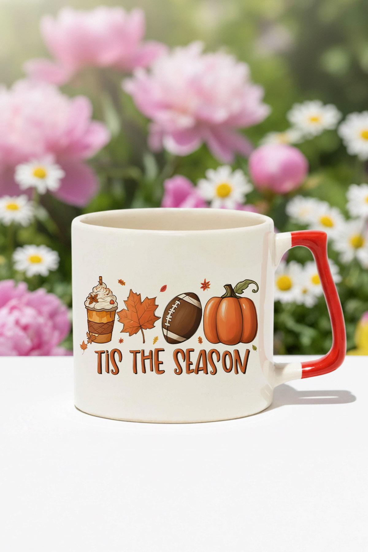 Sonbahar Temalı Kahveler No:2 Baskılı Kırmızı D Kulplu Kupa Bardak