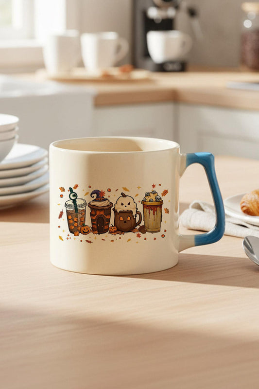 Sonbahar Temalı Kahveler No:3 Baskılı Mavi D Kulplu Kupa Bardak