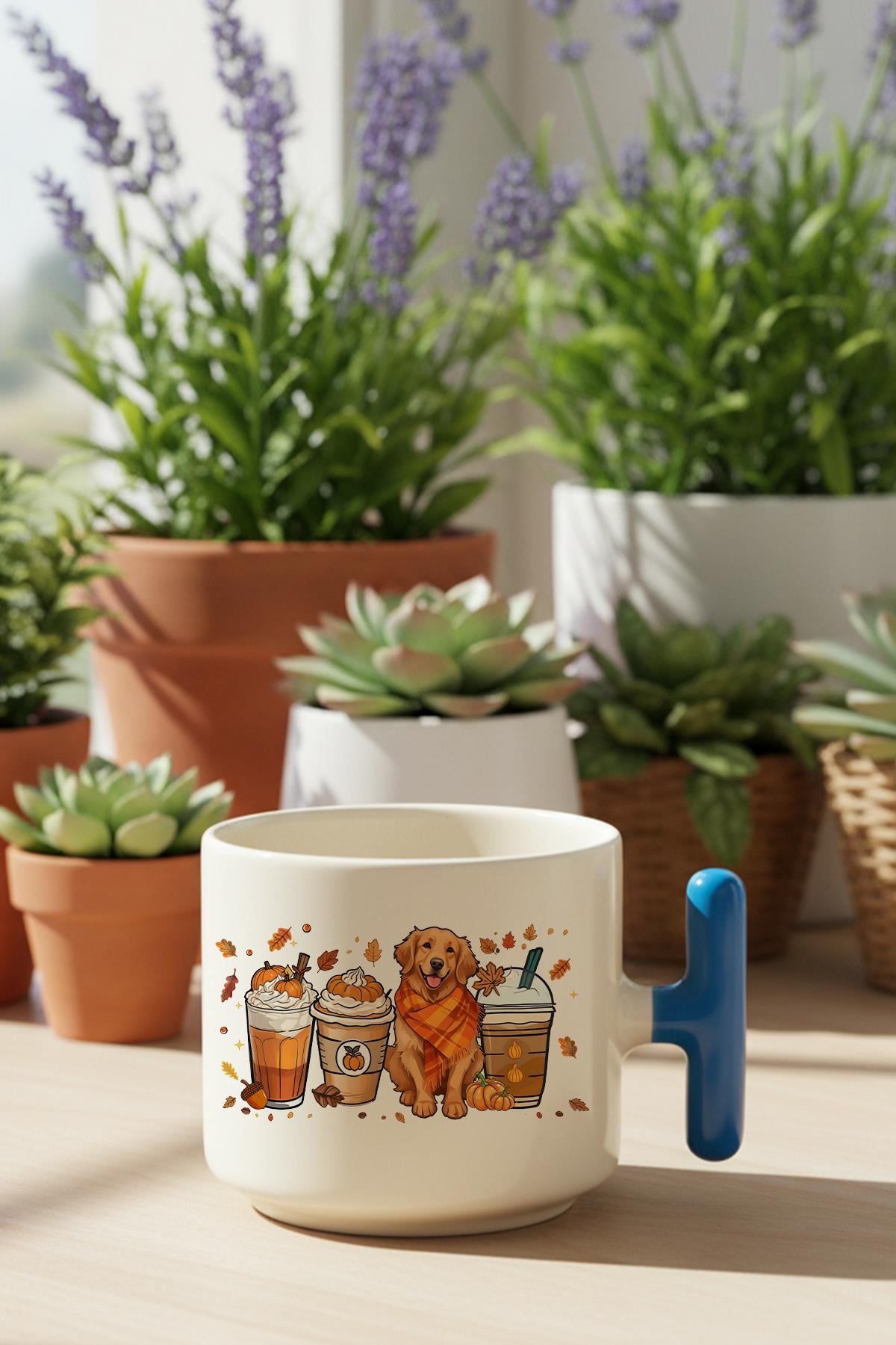 Sonbahar Temalı Kahveler No:4 Baskılı Hediyelik T Kulplu Latte Fincanı Kupa Bardak