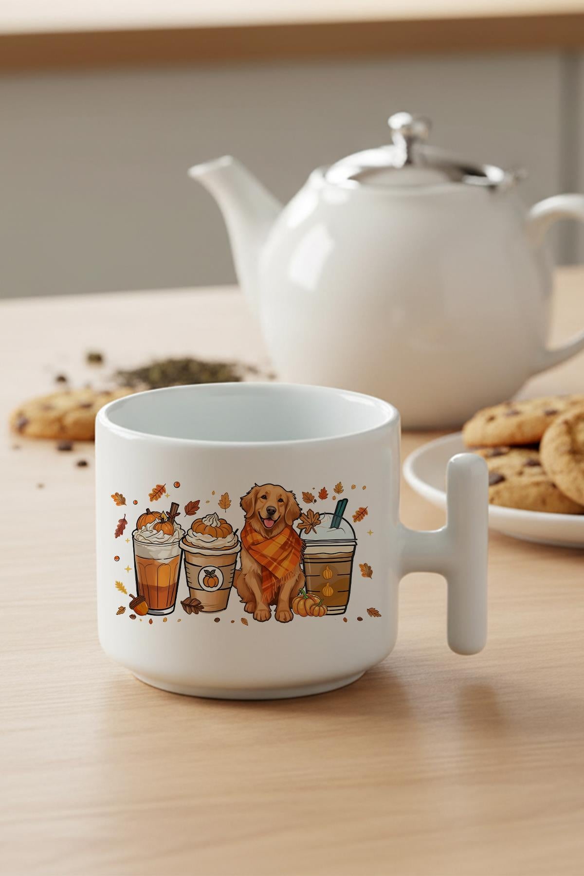 Sonbahar Temalı Kahveler No:4 Baskılı Hediyelik T Kulplu Latte Fincanı Kupa Bardak