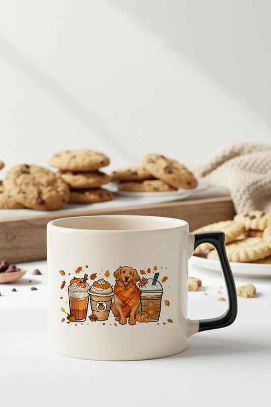 Sonbahar Temalı Kahveler No:4 Baskılı Siyah D Kulplu Kupa Bardak