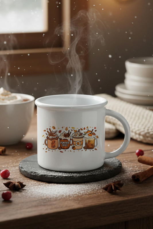 Sonbahar Temalı Kahveler No:5 Baskılı Enamel Görünümlü Seramik Vintage Kupa Bardak