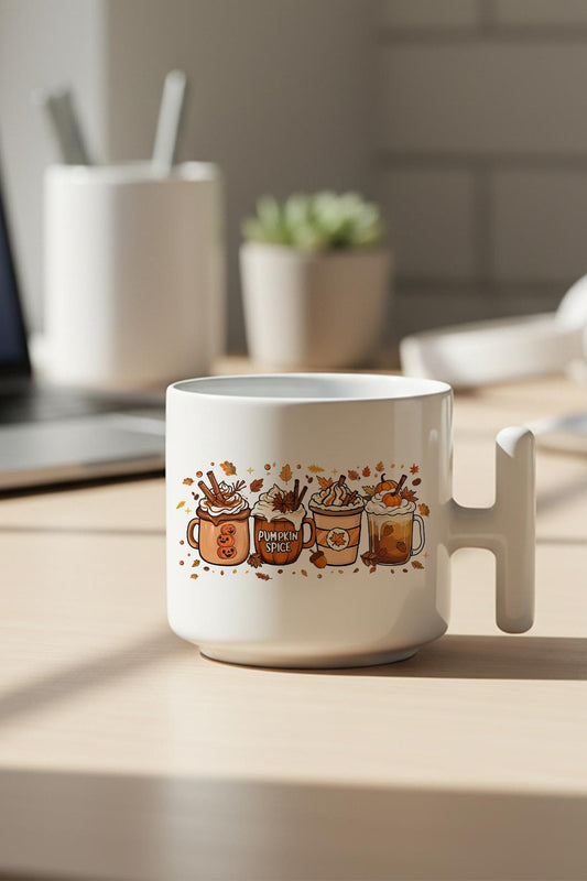 Sonbahar Temalı Kahveler No:5 Baskılı Hediyelik T Kulplu Latte Fincanı Kupa Bardak