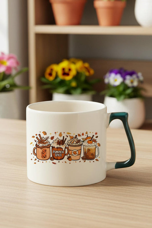 Sonbahar Temalı Kahveler No:5 Baskılı Yeşil D Kulplu Kupa Bardak