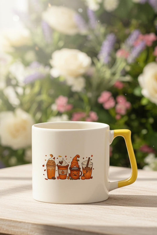 Sonbahar Temalı Kahveler No:6 Baskılı Sarı D Kulplu Kupa Bardak