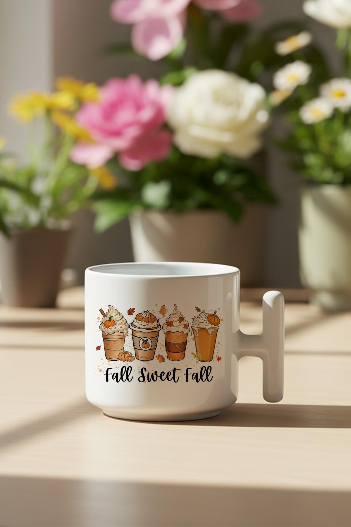 Sonbahar Temalı Kahveler No:7 Baskılı Hediyelik T Kulplu Latte Fincanı Kupa Bardak