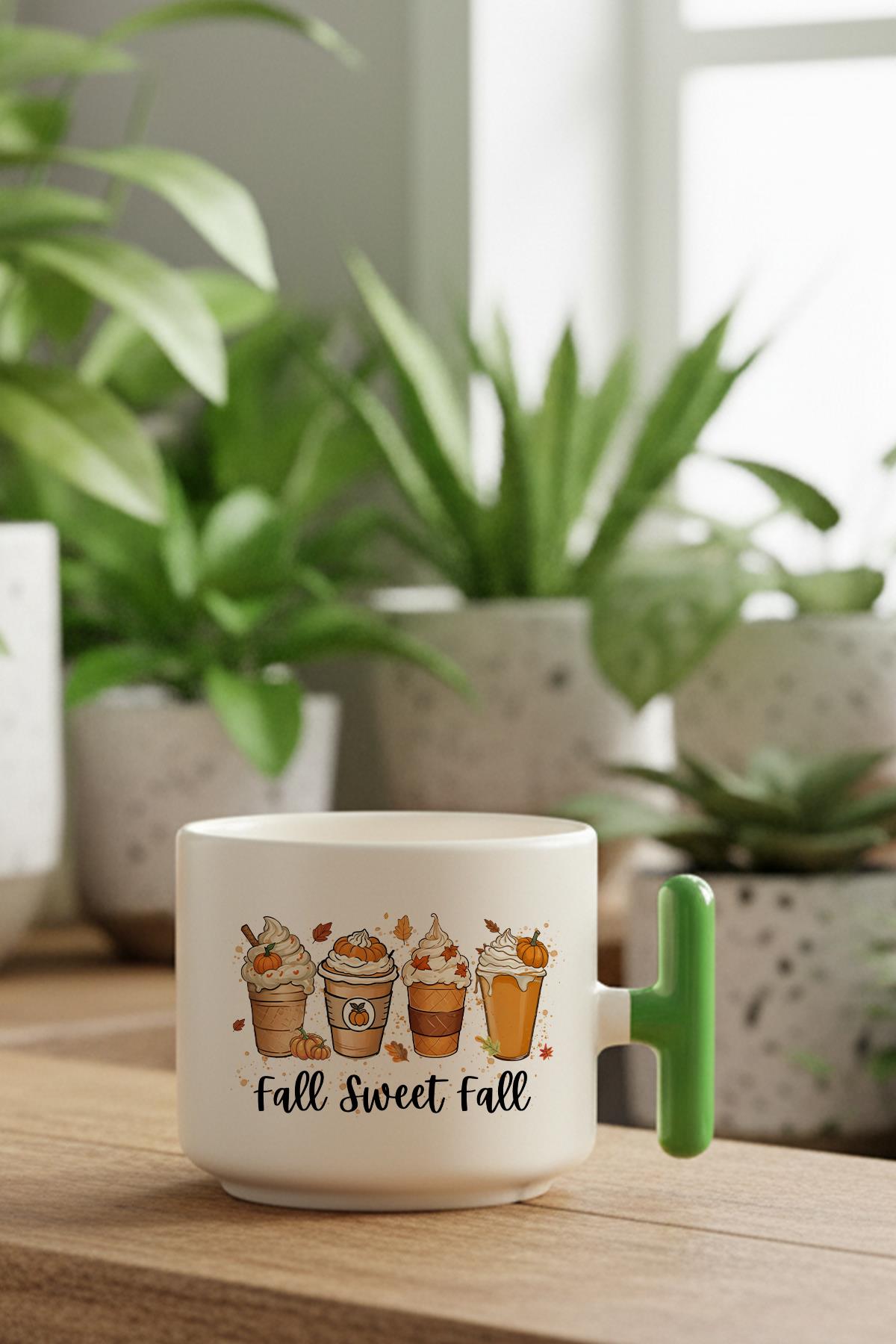 Sonbahar Temalı Kahveler No:7 Baskılı Hediyelik T Kulplu Latte Fincanı Kupa Bardak