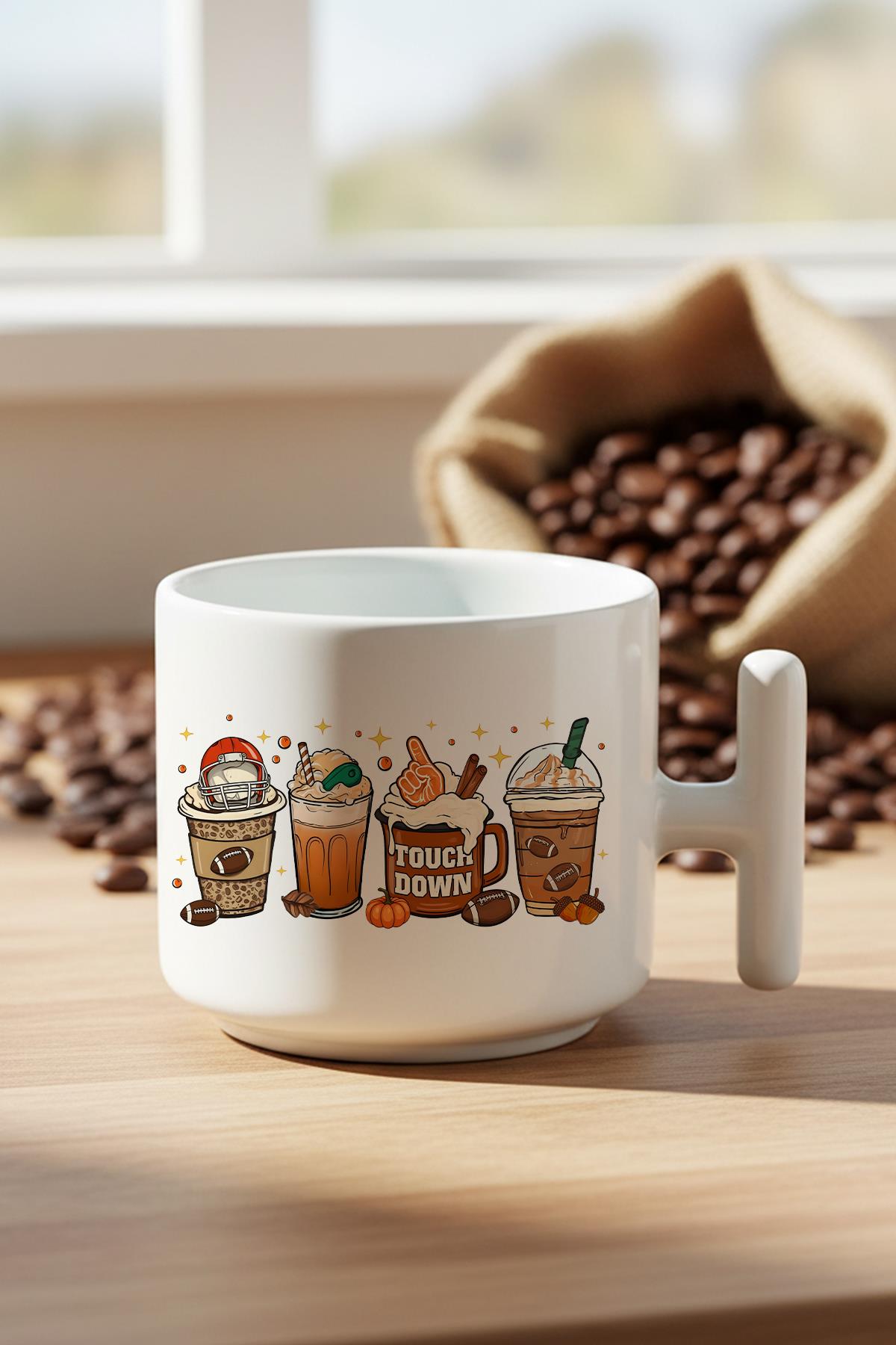 Sonbahar Temalı Kahveler No:8 Baskılı Hediyelik T Kulplu Latte Fincanı Kupa Bardak