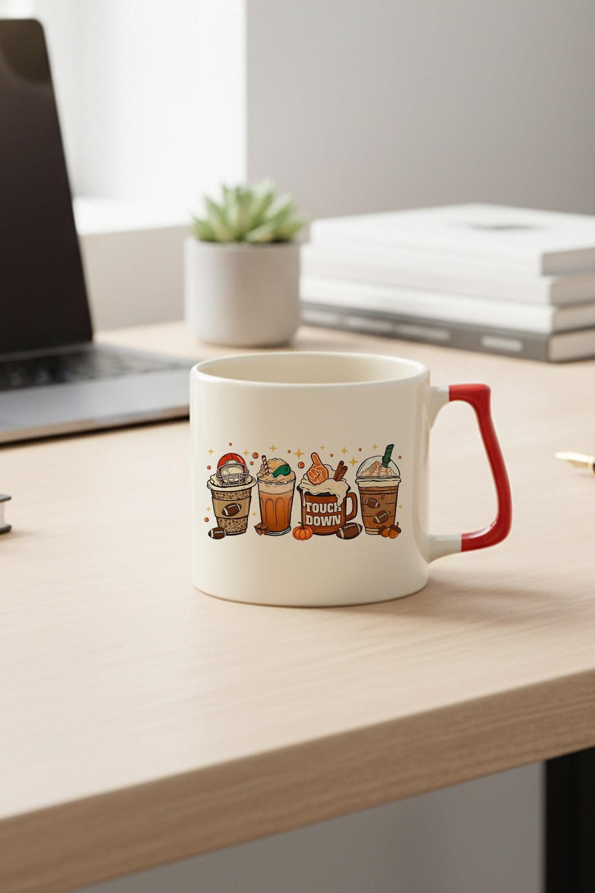 Sonbahar Temalı Kahveler No:8 Baskılı Kırmızı D Kulplu Kupa Bardak