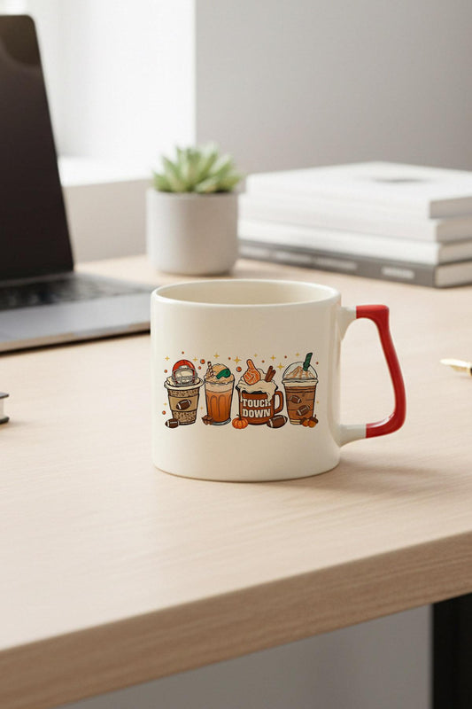 Sonbahar Temalı Kahveler No:8 Baskılı Kırmızı D Kulplu Kupa Bardak