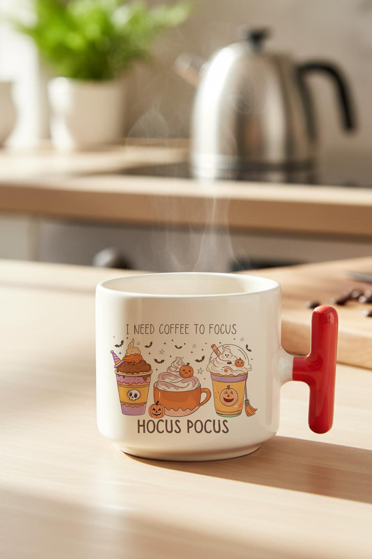 Sonbahar Temalı Kahveler No:9 Baskılı Hediyelik T Kulplu Latte Fincanı Kupa Bardak