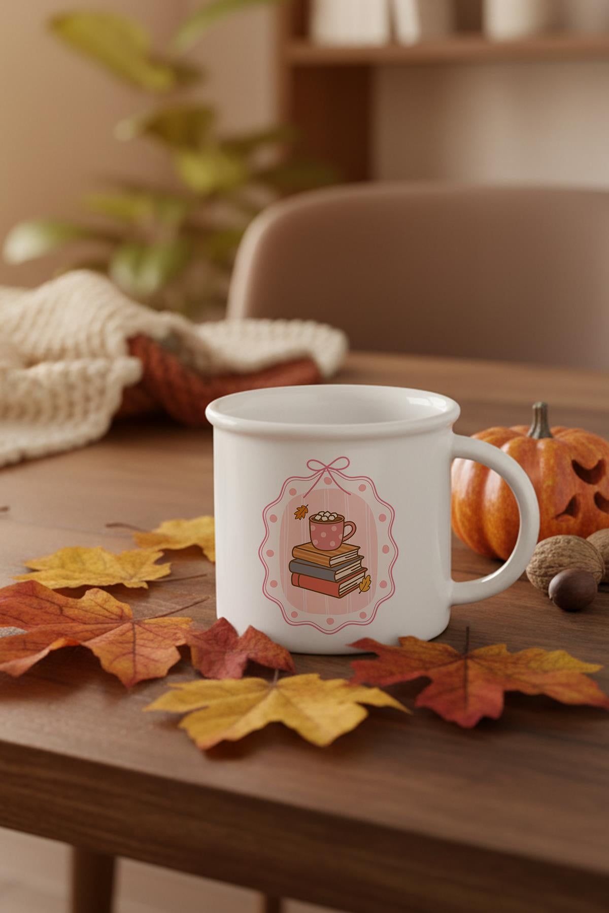 Sonbahar Temalı Kitaplar Ve Sıcak Çikolata Baskılı Enamel Görünümlü Seramik Vintage Kupa Bardak