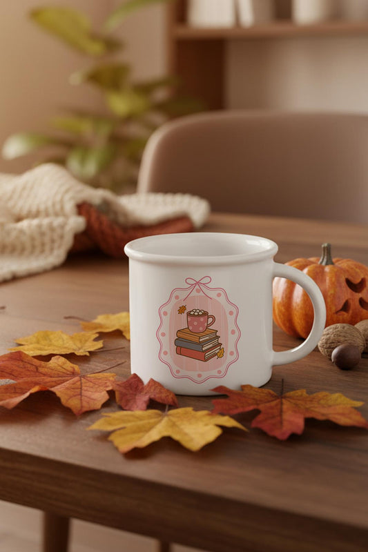 Sonbahar Temalı Kitaplar Ve Sıcak Çikolata Baskılı Enamel Görünümlü Seramik Vintage Kupa Bardak