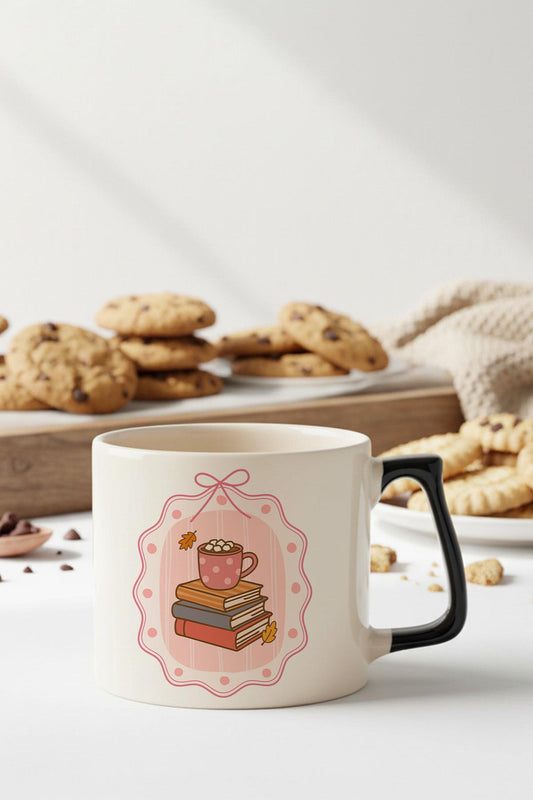 Sonbahar Temalı Kitaplar Ve Sıcak Çikolata Baskılı Siyah D Kulplu Kupa Bardak