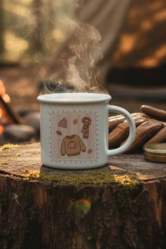 Sonbahar Temalı Kıyafetler Baskılı Enamel Görünümlü Seramik Vintage Kupa Bardak