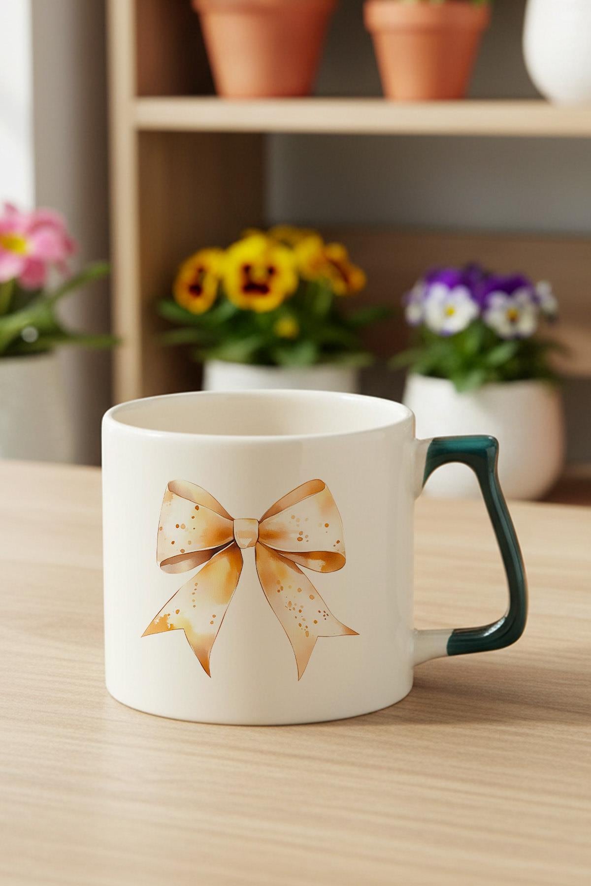 Sonbahar Temalı Kurdele Baskılı Yeşil D Kulplu Kupa Bardak