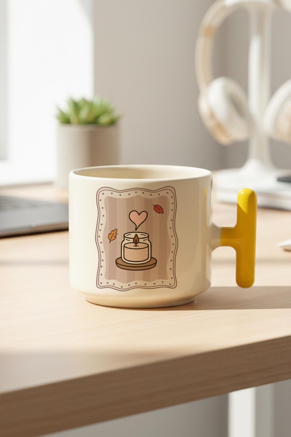 Sonbahar Temalı Mum Baskılı Hediyelik T Kulplu Latte Fincanı Kupa Bardak