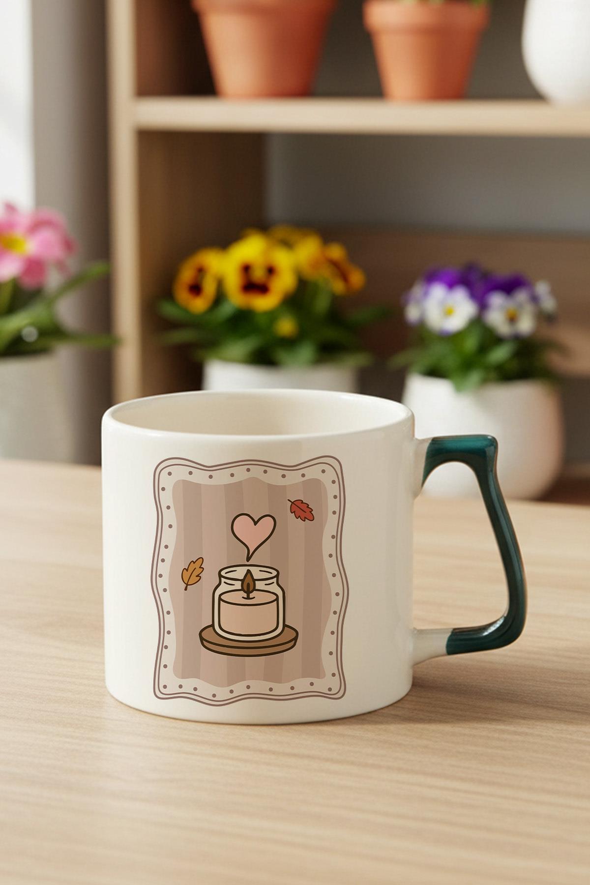 Sonbahar Temalı Mum Baskılı Yeşil D Kulplu Kupa Bardak