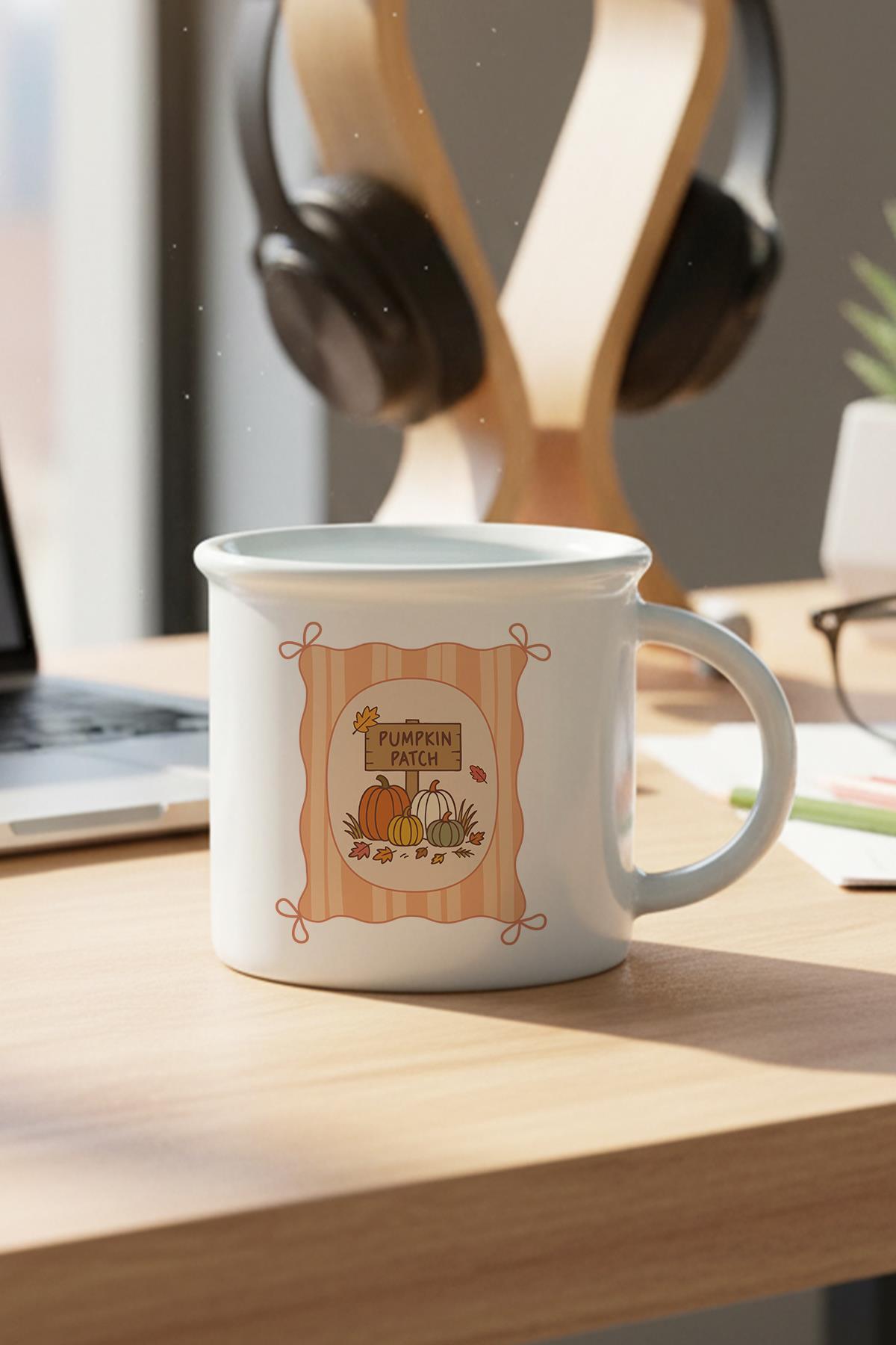 Sonbahar Temalı Pumpkin Patch Baskılı Enamel Görünümlü Seramik Vintage Kupa Bardak